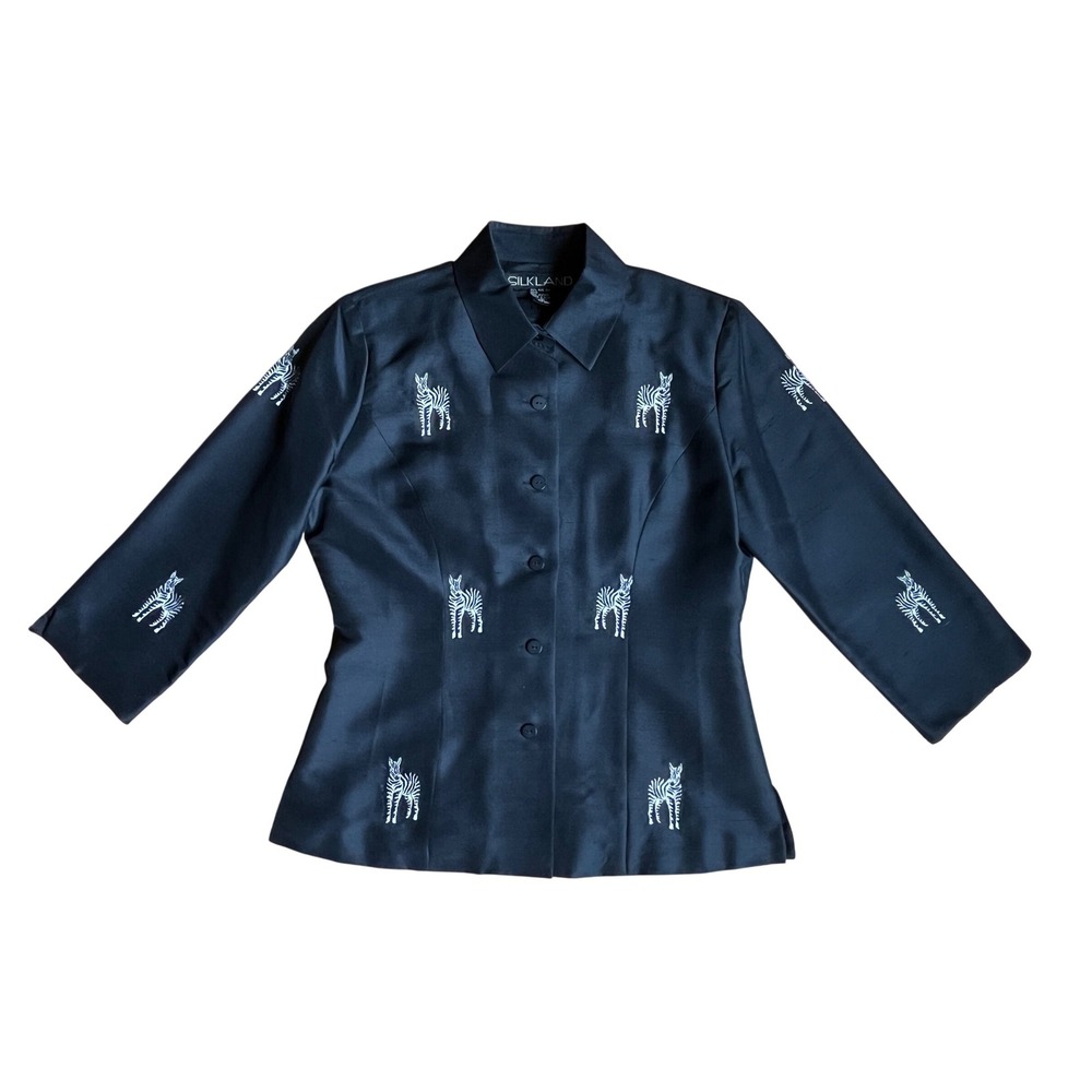 Silkland Black 100% Pure Silk Zebra Jacket Blouse Size 4 Safari Animalier